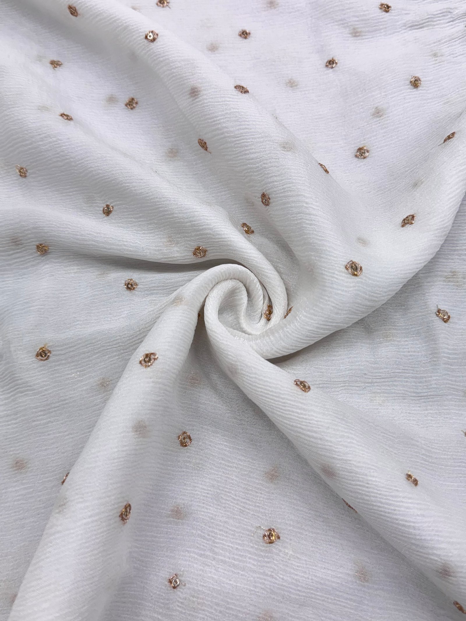 ELEGENT WHITE CHINON SILK FABRIC WITH GOLDEN SEQUIN BUTTI WORK