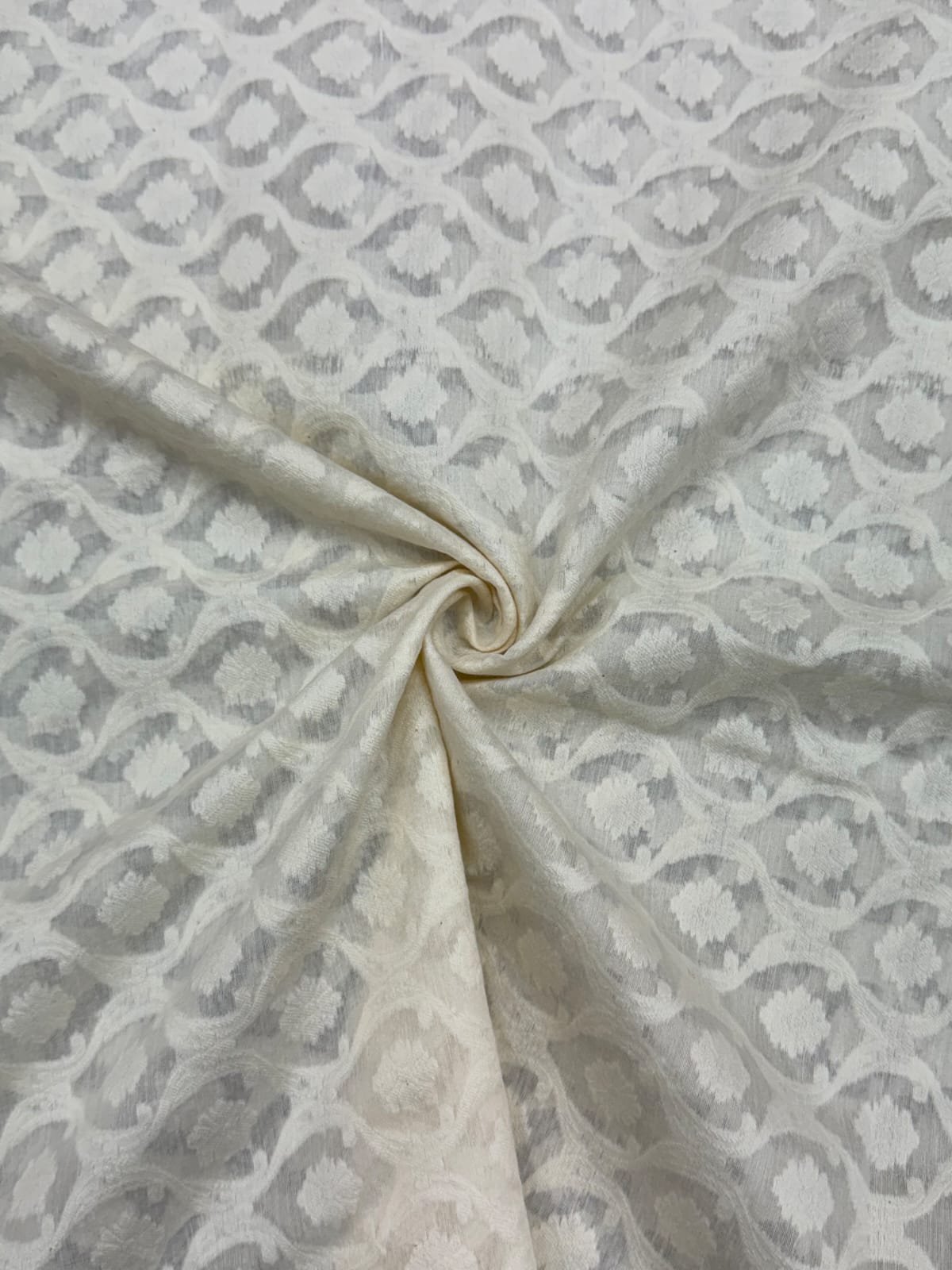 Lvory Cream Floral Lattice Sheer chanderi Fabric