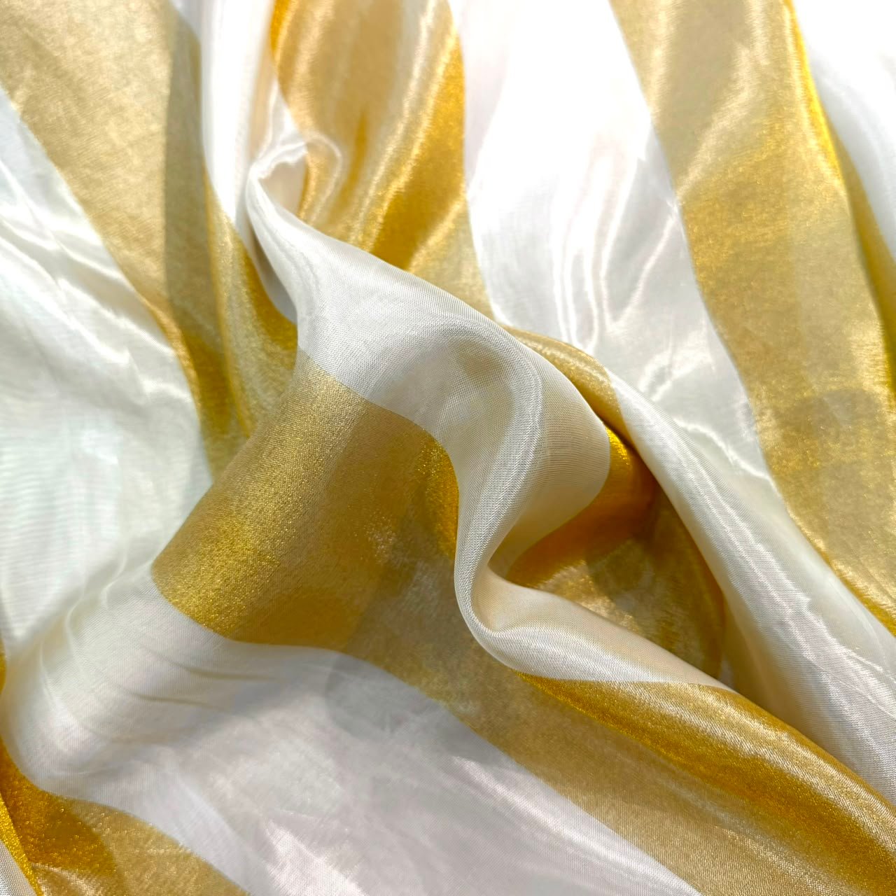 PREMIUM BROAD GOLD STRIPPED TISSUE ORGANZA FABRIC (DYEABLE FABRIC)